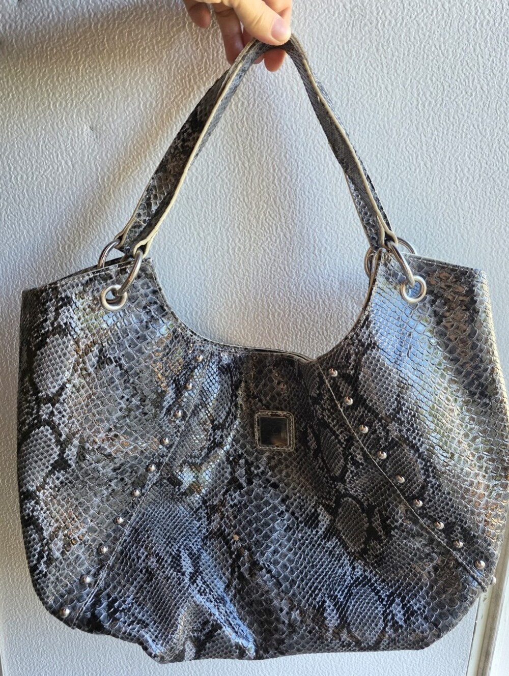 Y2K Hobo Slpuch Studded Bag Metallic Gray Snakeskin-Pattern Shoulder Bag Goth